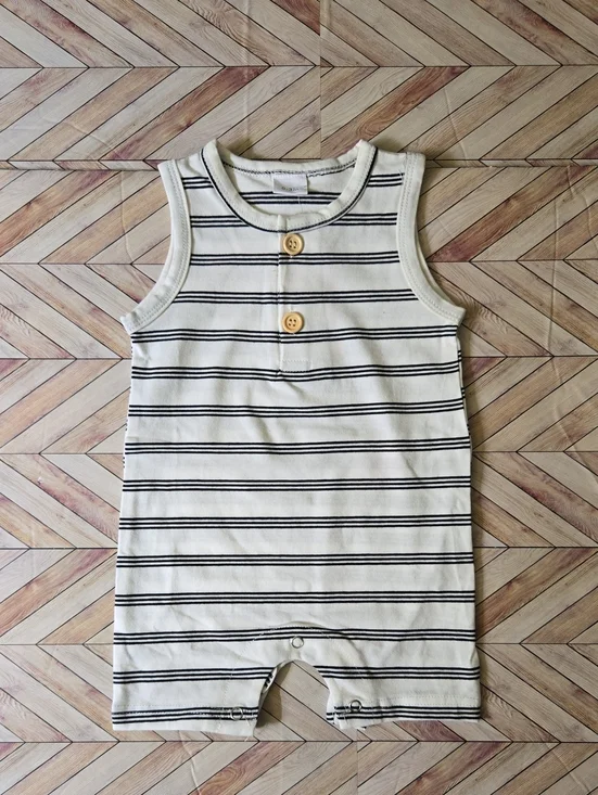 Baby Boy Black White Striped Romper Jumpsuit Short Sleeve Button-Up Outfit 0-3M