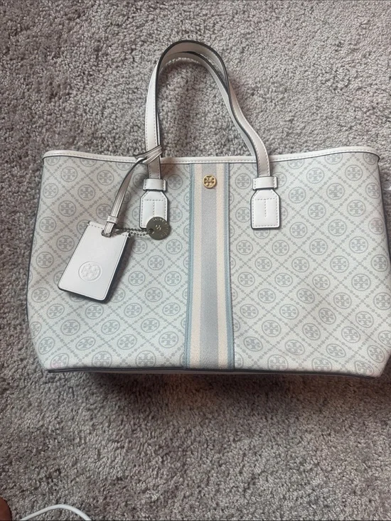 Tory Burch Cream and Light Blue Logo Stripe Tote