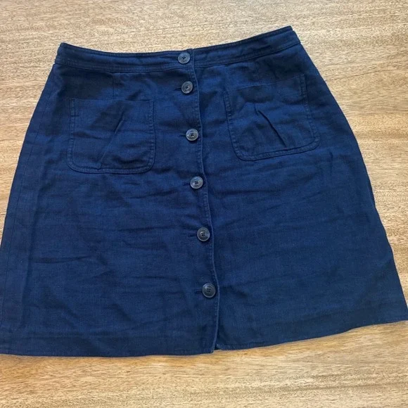 Tory Burch Navy Blue 100% Linen Button Front Skirt Size 14 Pocket A-Line