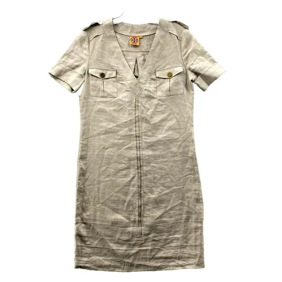 Tory Burch Dress Women's 2 Khaki V-Neck Linen Shift Classic core Safari‎ Office