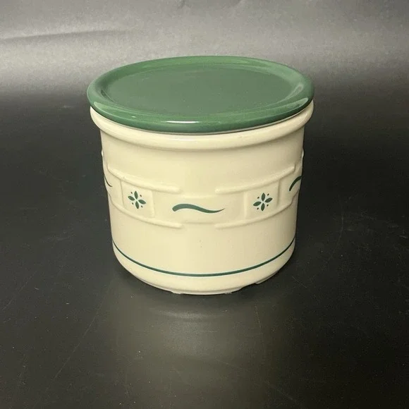Longaberger Pottery Green Woven Traditions pint Crock, Lid, Coaster & New Candle
