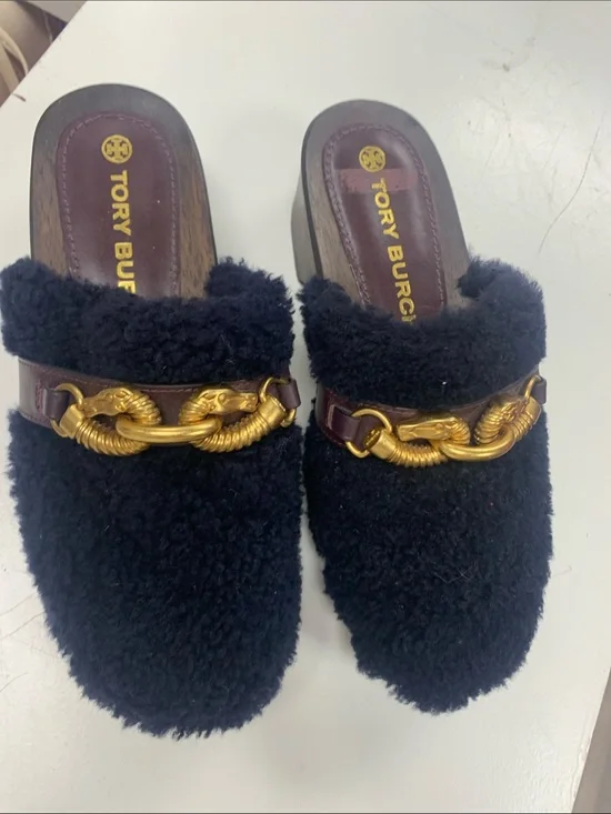 Tory Burch Navy Shearling Slip-On Mules with Gold Horsebit