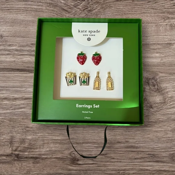 ✨️ NIB Kate Spade Stud Earring Trio: 🍓 Strawberries, 🍟 Fries & 🍾 Champagne!