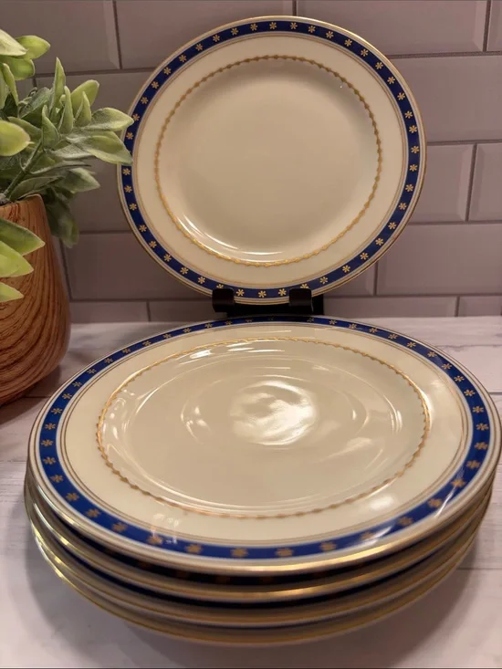 Classic Cream and Blue Gold-Trim Dessert Plates - Elegant Home Dining Set