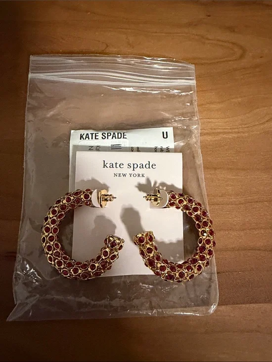 kate spade Gold Hoop Earrings with Red Crystal Accents