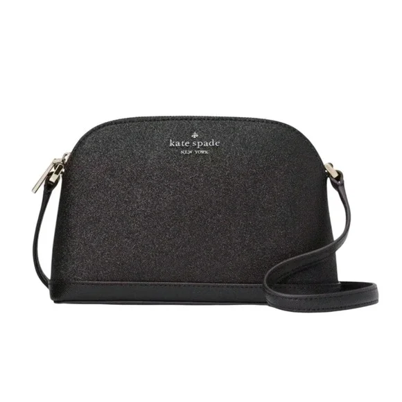 Kate Spade New York Black Glitter Dome Crossbody Bag Saffiano Leather Trim Small