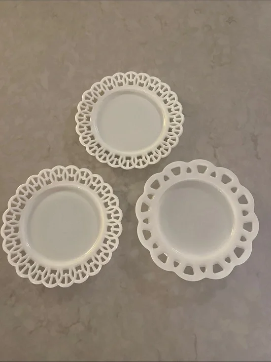 Lot of 3 Vintage White Milk Glass Dessert Plates w/ Scalloped cut out edge