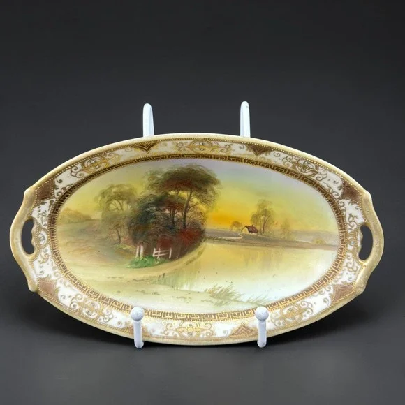 Nippon Hand Painted Celery Dish Oval Tray‎ Gold Moriage Landscape Lake Scene VTG