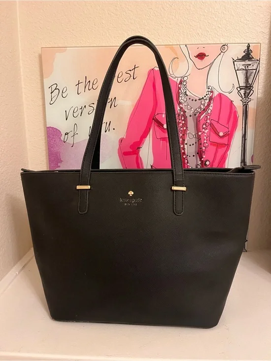 kate spade Black Saffiano Tote with Gold Logo Accents