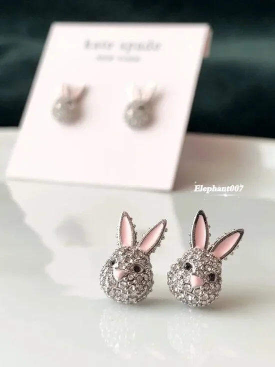 Kate Spade Crystal Bunny Stud Earrings Silver Tone Rabbit Animal Earrings