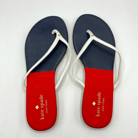 Kate Spade Women’s Size 9 Cabana Leather Orange/ Navy Blue Thong Sandals