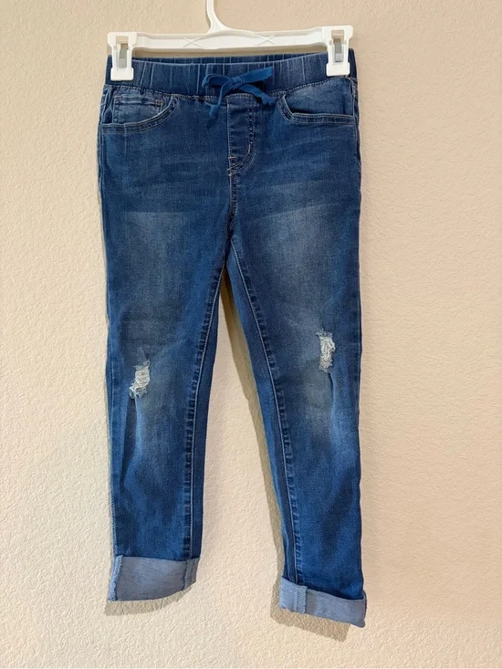 YMI Girls Distressed Skinny Jeans Pull On Drawstring Cuffed Stretch Denim Blue