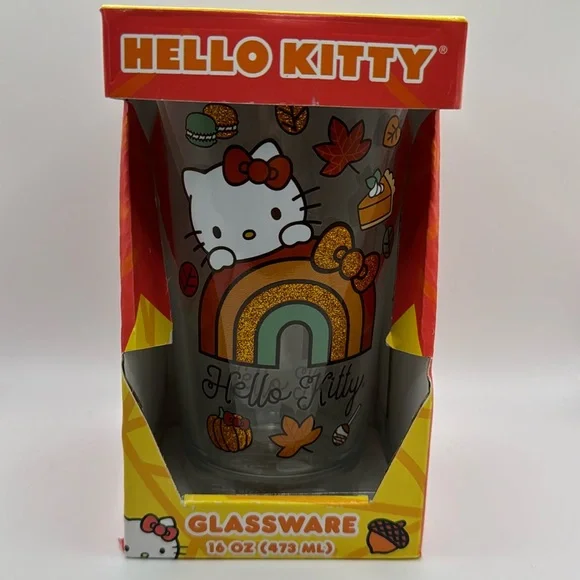 Hello Kitty Fall Autumn Rainbow Glitter‎ 16oz Glass Cup Tumbler