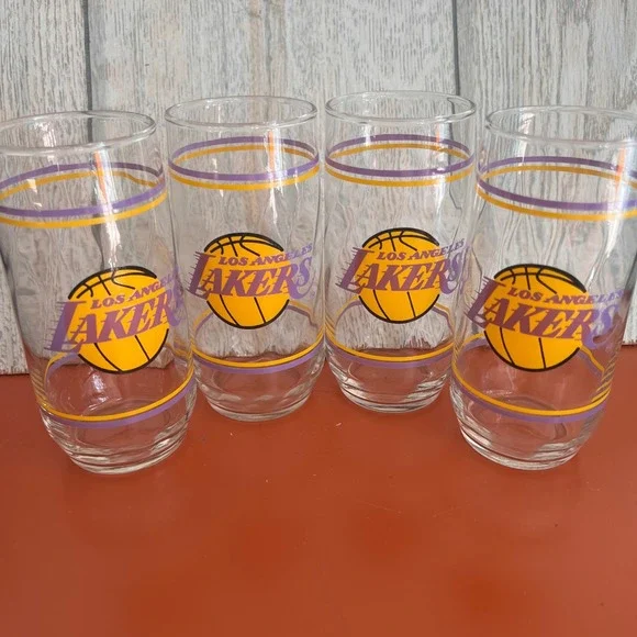 Vintage Los Angeles Lakers‎ Drinking Glasses Set of 4 Purple Gold NBA Highball