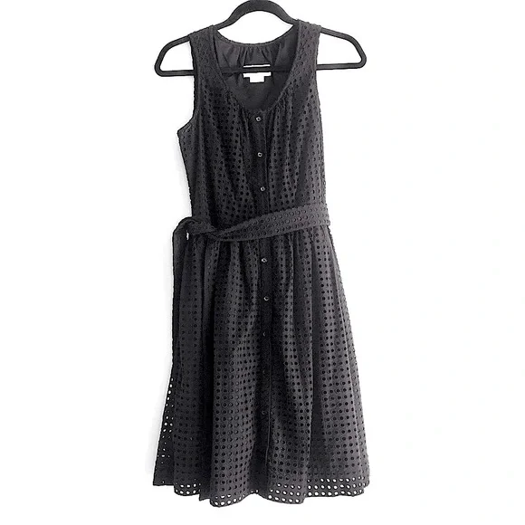 Kate Spade Broome Street Black Dot Eyelet Buttondown Tie Belt Midi Dress Small
