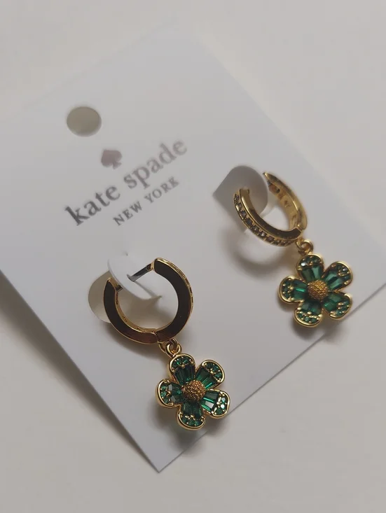 Kate Spade Gold Hoop Earrings with  Green Crystal Flower Charms New