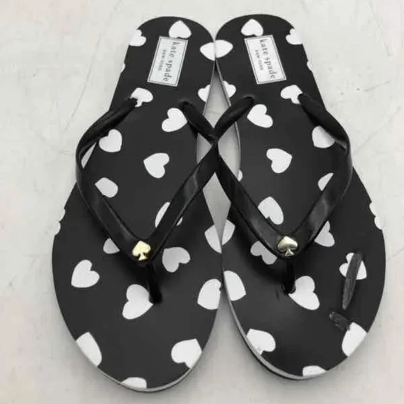 Kate Spade New York Nassau Black w Wht Hearts Thongs Flip Flop Flat sandals sz7M