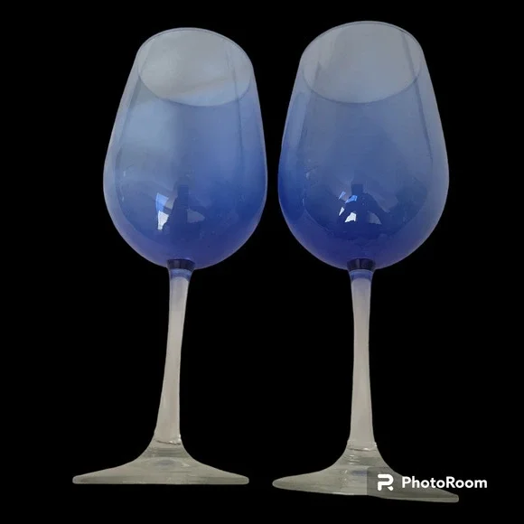 Set of‎ Two Wine or Water Glasses Hand Blown 9 inches Tall Blue Tint