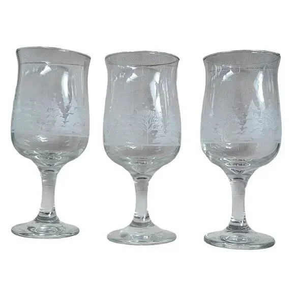 Vintage Christmas Wine Glasses‎ Winter Wonderland Frosted Tulip Hand Blown Set 3