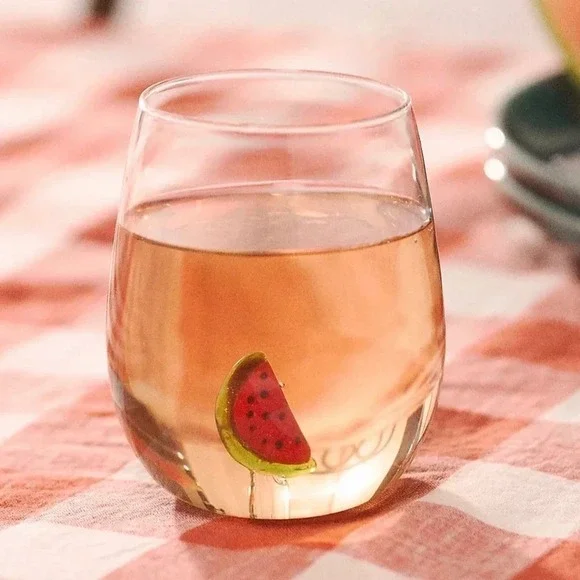 Anthropologie Cheerie Icon Stemless Wine Glass Watermelon 3D Fruit‎ Clear