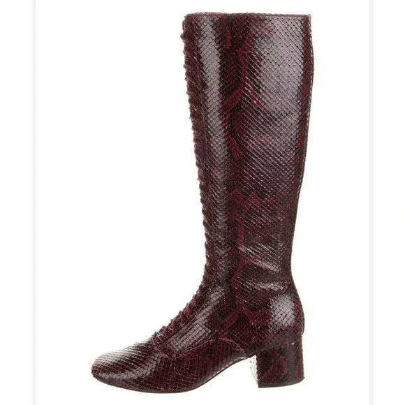 Kate Spade Lake‎ Snake-Embossed Leather Knee High Boots Burgundy  Victorian