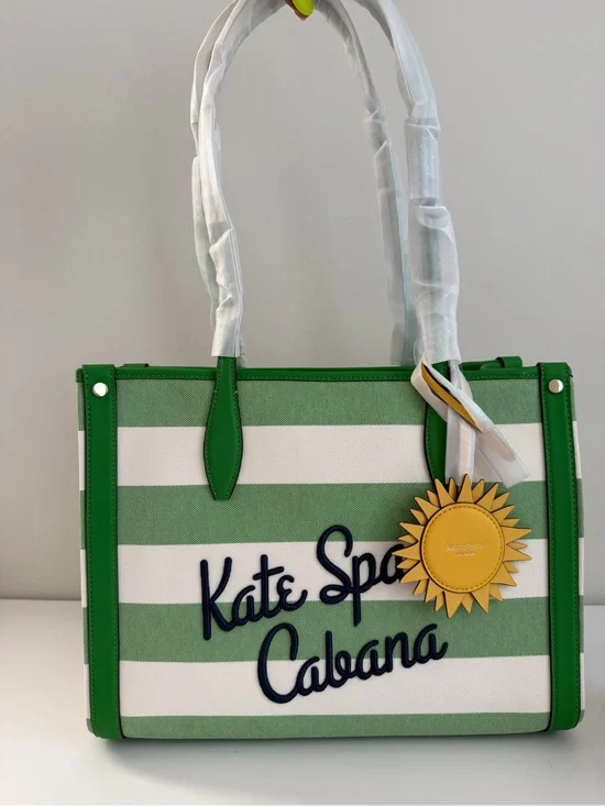 kate spade Green and White Striped Cabana Tote with Yellow Sun Charm