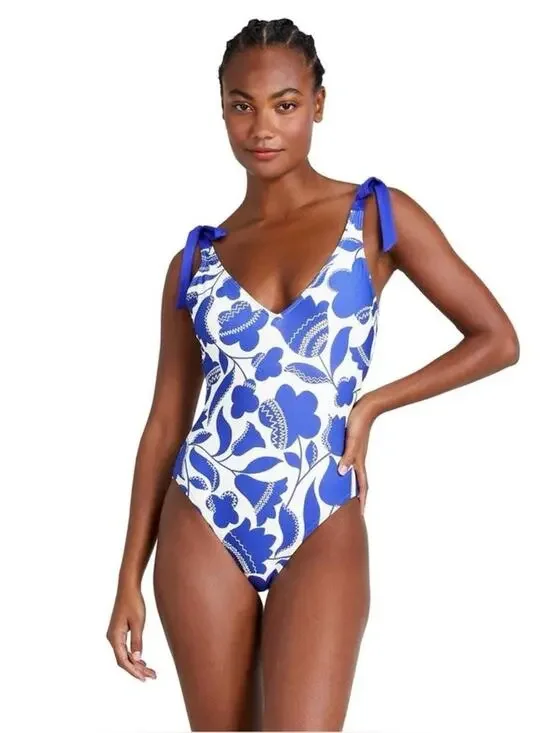 NEW Kate Spade Zigzag Blue and White Floral Bow-Strap V-Neck One-Piece - Size L