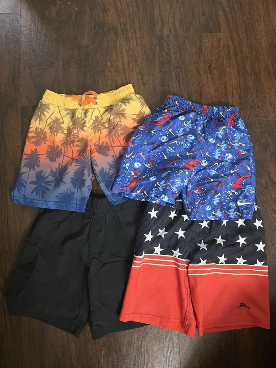 Kids Swim & Board Shorts Set- Palm, Blue Fish, Black, Red/Blue Stars Size 6-7