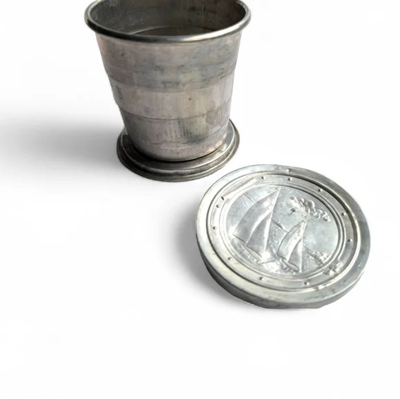 VINTAGE Collapsible Tin Cup  Sailboat Design Travel Camping Collectible