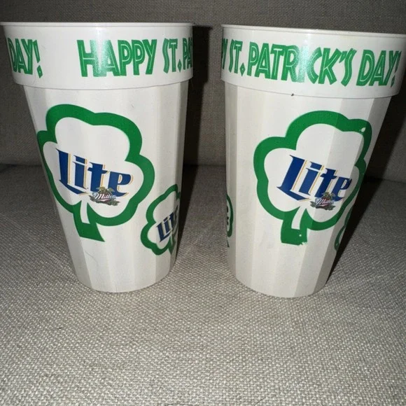 Set‎ Of 2 Vintage Miller Lite Happy St Patrick's Day Plastic Cups