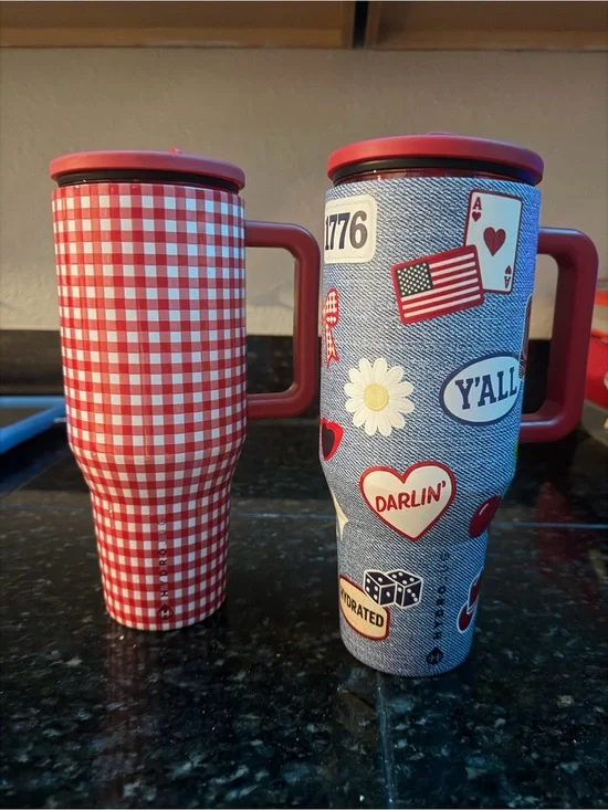 HydroJug Red Gingham & Denim Sticker Travel Mugs (Set of 2)