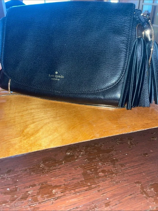 KATE SPADE Black Leather Crossbody with Gold embellished Tassels and Chain Strap