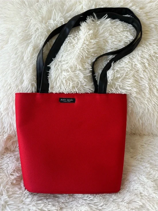 Kate Spade Red Nylon Tote Shoulder Bag Y2K Style Zip Top Black Straps