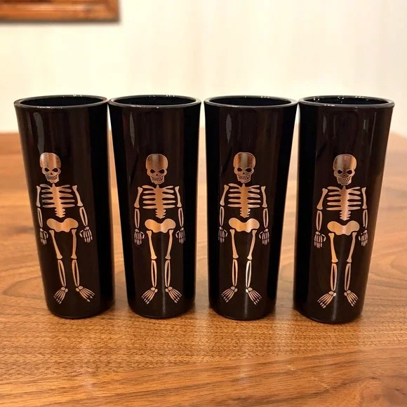 Set of 4 Gothic Skeleton Liquor Shot Glasses Shooters Halloween Summerween