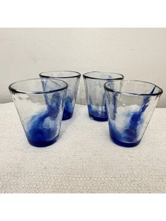 Set of 4 BORMIOLI ROCCO Cobalt BLUE Slag SWIRL Art OPTIC Rocks Glass TUMBLER 4½