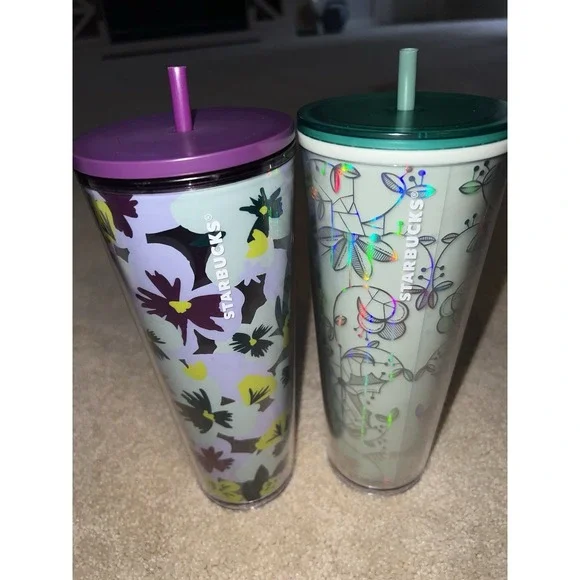 Lot of 2 Starbucks Venti Tumblers 24oz Pansy Floral & Mint Holographic‎