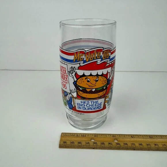 Vtg 1986 McDonalds Mc Vote Clear Drinking Glass‎ Thin Cheese Burger Collectible