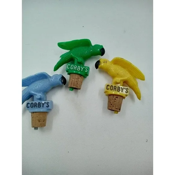 3 Corby's Whiskey Cork Pours Parrots, Blue one may‎ have been repaired.
