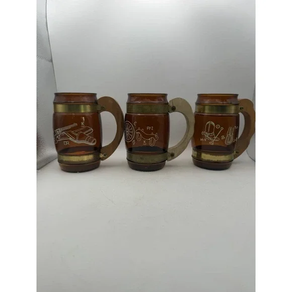 Vintage Siesta Ware Amber Glass Mugs Set 3 Wood Handles Brass Bands Etched