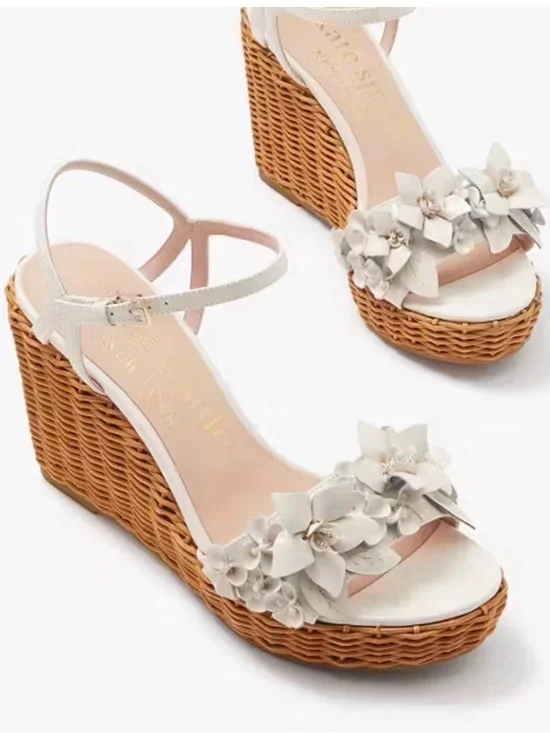 Kate Spade Fiori White Floral Platform Wedge Espadrille Sandals