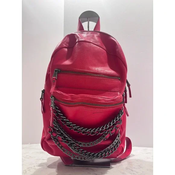 ASH Domino Red Pebbled Leather Chain‎ Link Backpack Gunmetal Hardware Edgy Bag