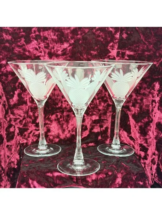 Rolf Glass Pineapple Martini Glass Set 3 Etched Tropical Cocktail Glassware 10oz