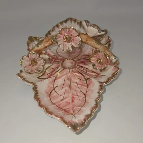 Vintage Italian Porcelain Pink Floral Gold Trimmed Trinket Dish