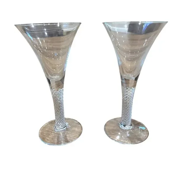 Pair (2) - 8” Wine Glasses With Air Twist Stems Blenko Style Hand Blown?