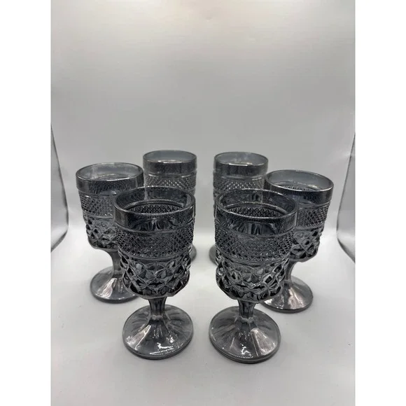VTG Six Smoke Gray Moody/Gothic Glass Goblets Diamond Point Wine/ Water Glasses