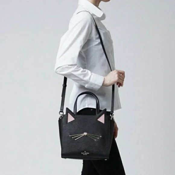 Kate Spade Jazz Things Up Black Cat Crossbody Satchel With Matching Coin Purse