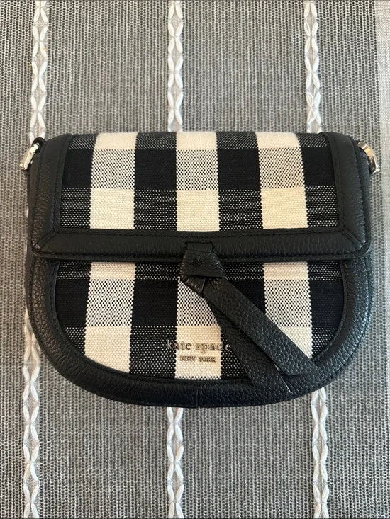 KATE SPADE Knot Gingham Medium Saddle Bag Black & Cream Crossbody
