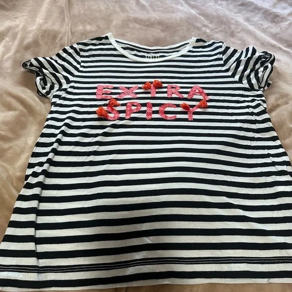 Kate Spade Black and White Striped Tee with Red 'Extra Spicy' Design M