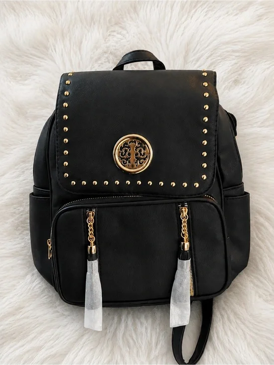 Black Studded Faux Leather Backpack with Gold Emblem