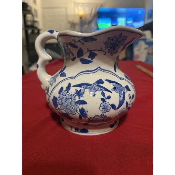 Vintage Andrea by Sadek Blue and White Ceramic Pitcher Birds & Floral 6